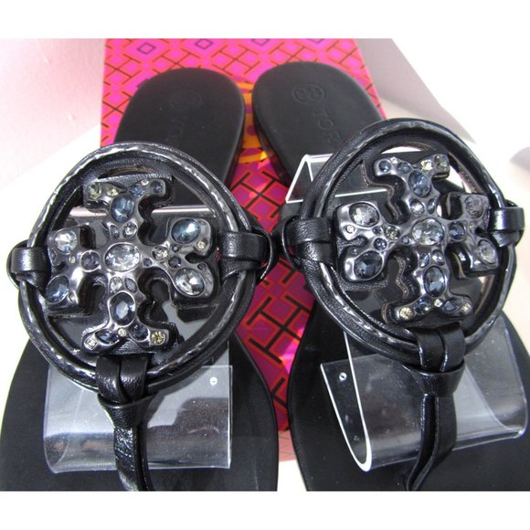 Tory Burch Miller Jeweled Embellished Crystal Leather Thong Sandals Black Sz 5.5 - Picture 11 of 12